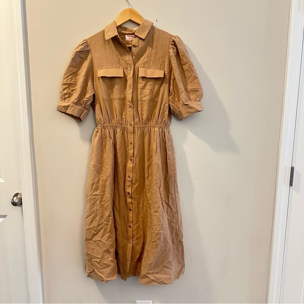 Showpo Beige Button-Down Midi Dress Puff Sleeve Safari Utility Shirt Dress Sz 6 - Picture 4 of 12